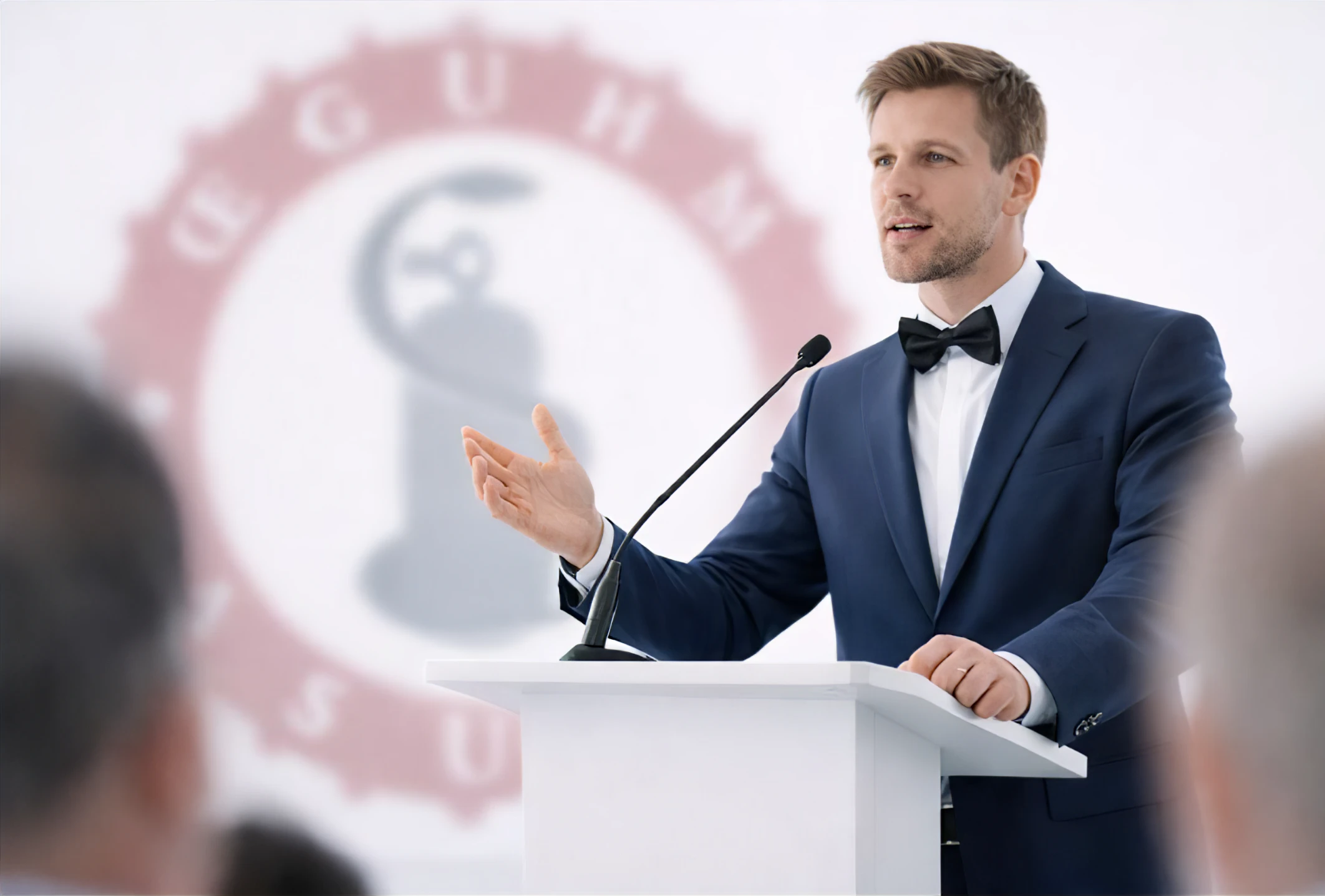 Arzt hält Vortrag mit ÖGUHM Logo im Hintergrund